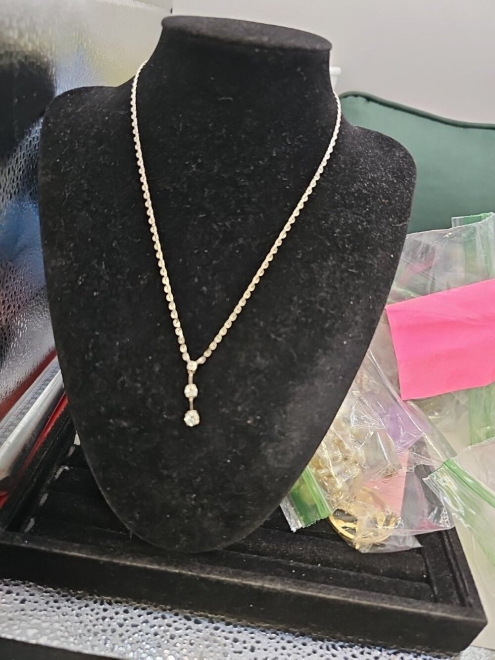necklace 14"inch Silver-tone Cubic Zirconia Clear Colorless 3 Stones  Today...